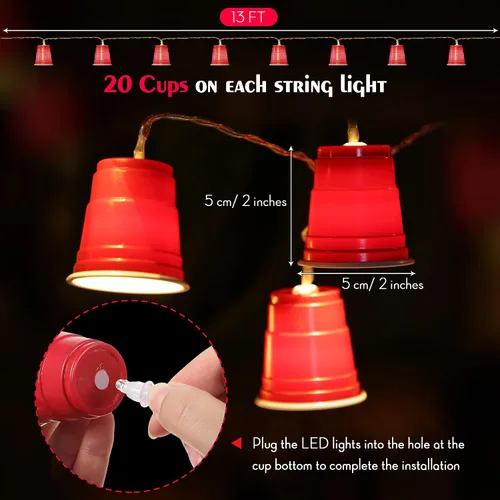 Vista 3 de Hiboom Cadena de luces LED rojas de 13 pies con 20 tazas rojas, mini luces de taza de chupito
