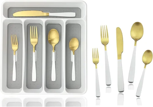 Vista 16 de JASHII - Juego de cubiertos con bandeja, 20 piezas de acero inoxidable cuadrado cubiertos servicio para 4, acabado mate, utensilios de alimentación