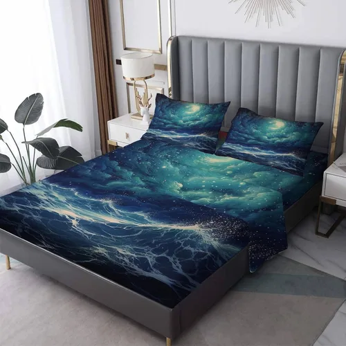 Vista 9 de Juego de sábanas de 3 piezas con diseño de mar y puesta de sol, tamaño individual, juego de sábanas y fundas de almohada estampadas de microfibra