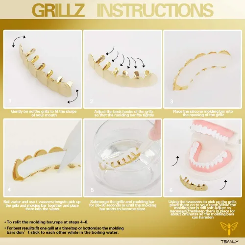 Vista 6 de TSANLY Gold Grillz 6 Teeth Mouth 24K Plated Gold Top & Bottom Grills Caps Set for Son + Extra Molding Bars + Microfiber Cloth