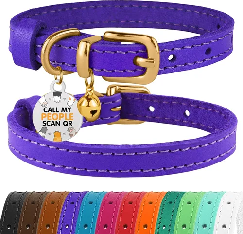 Vista 11 de BRONZEDOG Collar de cuero para gato con campanas extraíbles sin liberación rápida, etiqueta QR para gatito para niña y niño