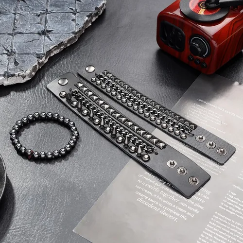 Vista 6 de Eigso Pulseras de cuero punk rock para hombres y mujeres, estilo retro, vintage, cadena de los años 80, para hombre y mujer