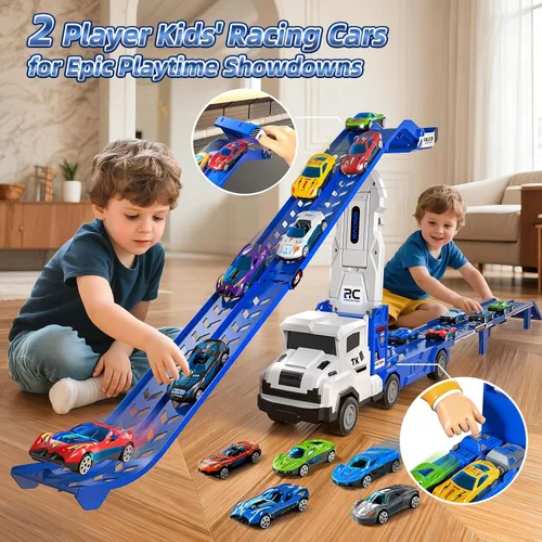 Vista 5 de Juguetes de camiones de transporte para niños de 3, 4, 5, 6 y 7 años, juego de camiones transportadores con pista de carreras y 12 juguetes de autos