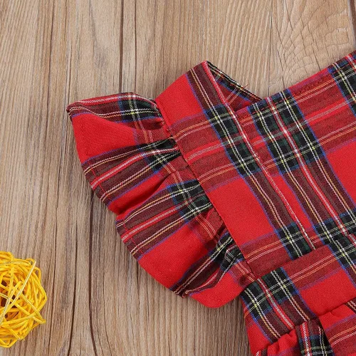 Vista 6 de GuliriFei Mameluco de Navidad para bebés y niñas, vestido de body rojo a cuadros para niños pequeños, manga con volantes, traje de fiesta
