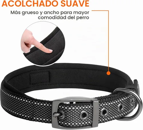 Vista 4 de Fida Collar para perro de alta resistencia, acolchado de neopreno suave ultra cómodo, collar de nailon reflectante ajustable para mascotas con Negro