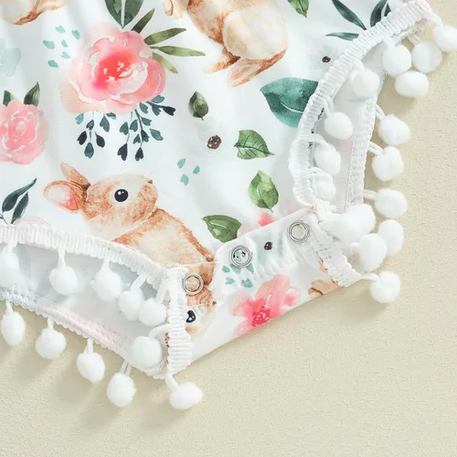 Vista 7 de AEEMCEM Traje de Pascua para bebé recién nacida, con estampado floral, sin mangas, con borla, mameluco de una pieza con diadema