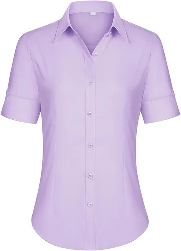 Vista 10 de siliteelon Camisas de vestir de manga corta con botones para mujer, camisas de algodón con botones para mujer, blusa ajustada de manga 3/4