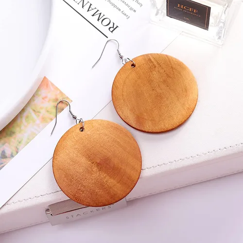 Vista 2 de 4 pares de pendientes geométricos de madera de madera con forma de lágrima de círculo redondo y pendientes de madera étnico natural de madera