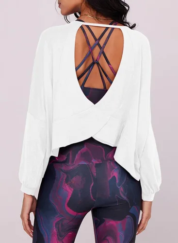 Vista 2 de Dokotoo Camiseta atlética suave de manga farol para mujer, camisetas de yoga ahuecadas para otoño, gimnasio, entrenamiento, espalda