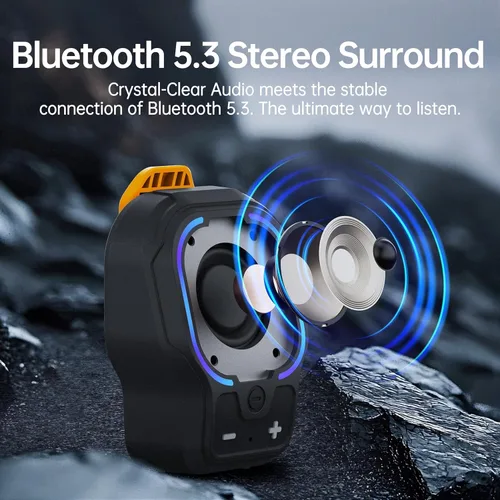 Vista 2 de Altavoz Bluetooth portátil, inalámbrico con clip magnético con 3 modos de luz, USB de 10 horas, micrófono integrado, manos libres, mini altavoz