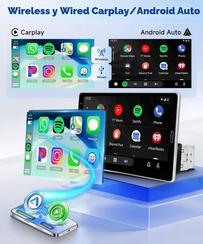 Vista 3 de Estéreo para automóvil con pantalla táctil giratoria de 10.1 pulgadas mejorada 2026 CarPlay inalámbrico y Android Auto AM FM Bluetooth 5.2