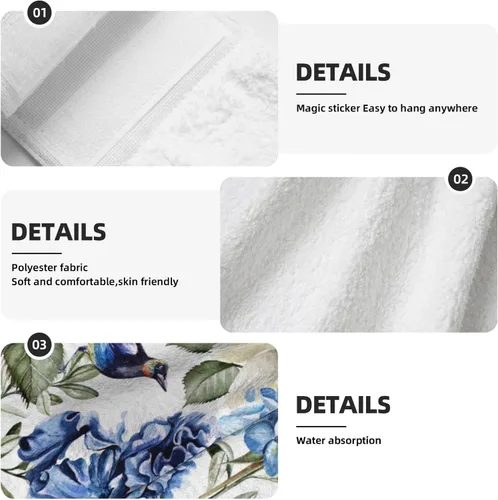 Vista 5 de Juego de 2 toallas de mano colgantes de hortensias azules, acuarela, primavera, pájaro, con lazo para colgar, toallas suaves y absorbentes para baño