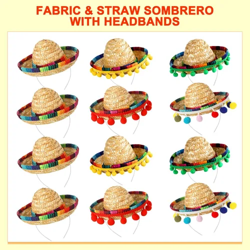 Vista 2 de Yunsailing 36 piezas de suministros de fiesta de tela con sombrero de paja, diademas y collares para fiestas mexicanas (estilo moderno)