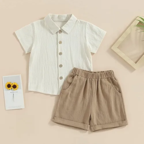 Vista 2 de Conjunto de 2 piezas de ropa de algodón y lino de manga corta con botones y pantalones cortos de cintura elástica para bebé niño