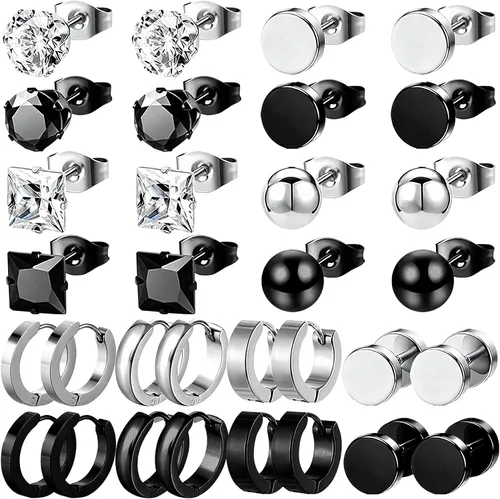 Vista 10 de NEWITIN Juego de 15 pares de aretes de acero inoxidable para hombre