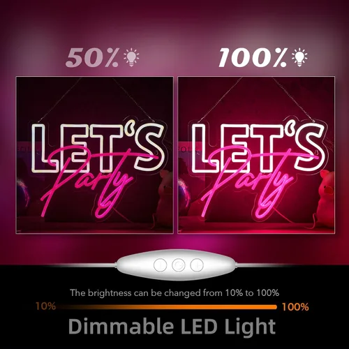 Vista 4 de Letrero de neón con texto en inglés "Let's Party", para decoración de pared, decoración de fiesta, luces LED de neón regulables por USB