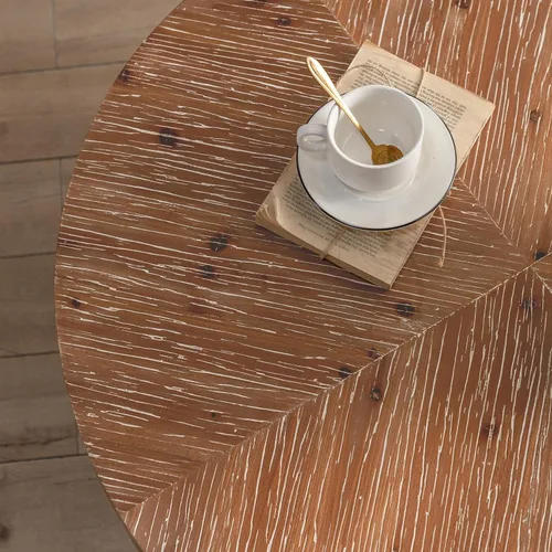 Vista 4 de Knocbel Mesa de centro redonda moderna de diseño simple con parte superior de mesa empalmada de grano de madera y base de patas cruzadas de metal