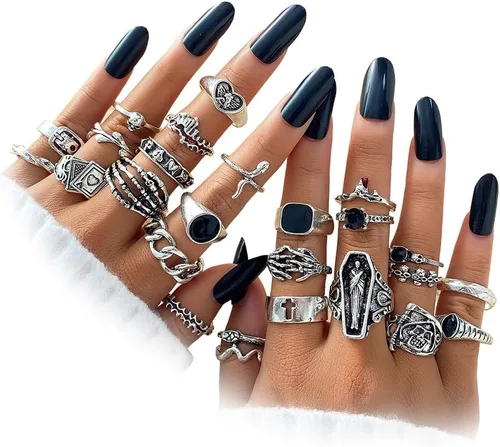 Vista 10 de IFKM Vintage Silver Knuckle Rings Set for Women, Stackable Joint Finger Statement Rings Bohemian Retro Hollow Carved Midi Rings, Boho Halloween