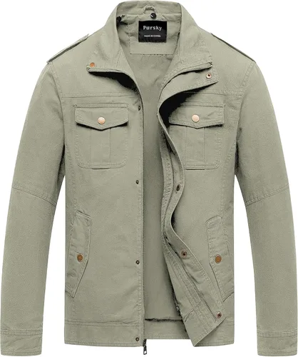 Vista 9 de Pursky Chaqueta Militar de Hombre Chaqueta de Algodón Lavado Casual con Capucha de Lienzo Abrigo de Otoño