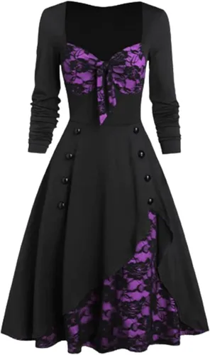 Vista 2 de Vestido renacentista para mujer, vestido gótico negro con calavera, vestido de encaje de manga larga, vestidos de otoño, esqueleto, hippie, fiesta