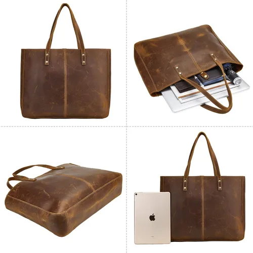 Vista 6 de Bolso de hombro de cuero completo para mujer, bolso grande de trabajo para hombres y mujeres, bolso de hombro de negocios, bolso vintage marrón