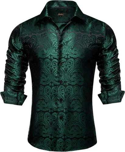 Vista 15 de DiBanGu Camisa de vestir de paisley de seda para hombre, formal, de manga larga, con cuello abotonado, camisas informales para fiesta de boda Negro
