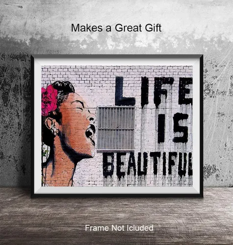 Vista 4 de Original Banksy Life is Beautiful Graffiti Street Art - Arte callejero de 8 x 10 pulgadas, arte fotográfico para el hogar, dormitorio, decoración