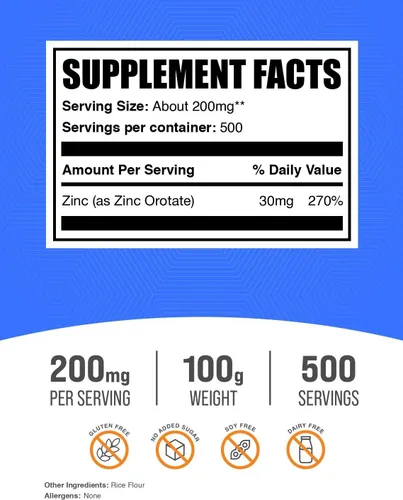 Vista 2 de BulkSupplements. com Zinc Orotate Powder - Suplemento de minerales de zinc, para apoyo inmunológico, sin gluten, 200 mg por porción, 100 g (3.5 oz)