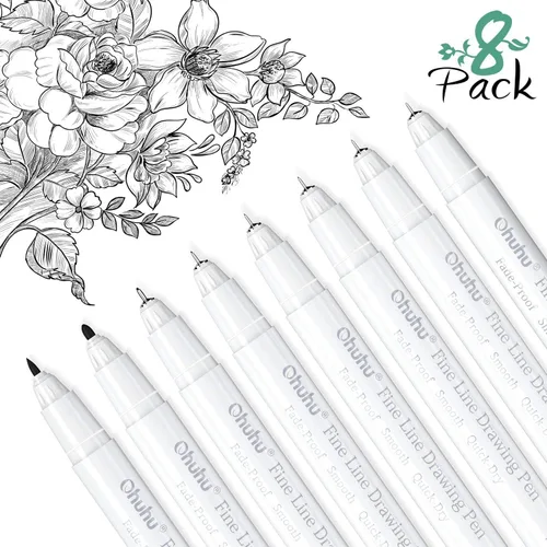 Vista 2 de Ohuhu Fineliner - Bolígrafos de 8 tamaños, microbolígrafos pigmentados, tinta negra, impermeables, a prueba de alcohol y marcadores de alcohol Ohuhu