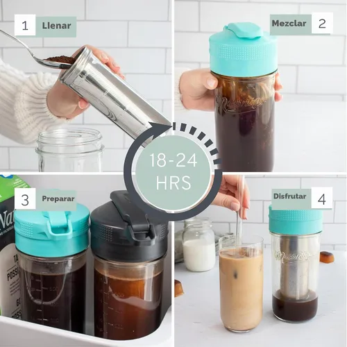 Vista 4 de Masontops Kit para preparar café frío – Cafetera helada de lujo con jarra de vidrio y filtro de malla de acero inoxidable – Sistema de nevera fácil