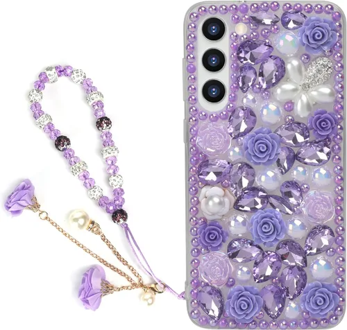 Vista 18 de para iPhone 14 Pro - Funda con Purpurina y Diamantes de Imitación, de Lujo, con Cristales Brillantes, Flores de Rosa, Perlas Florales, Pulseras
