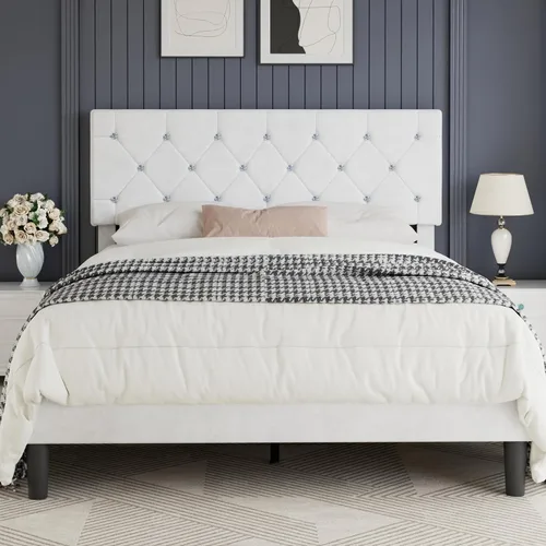 Vista 22 de VECELO Base de cama tamaño individual con plataforma tapizada con cabecera ajustable de botones de diamante, soporte de listones de madera,