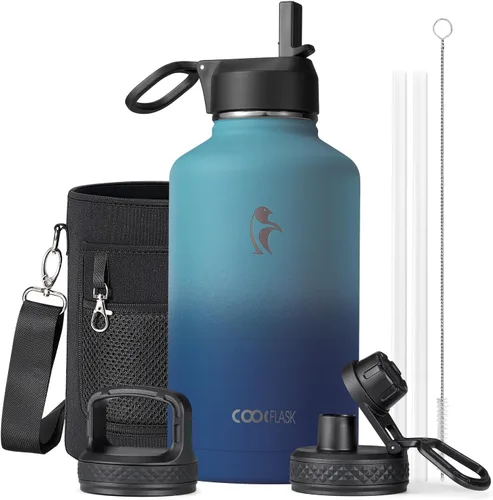 Vista 45 de Coolflask Botella de agua de 20 onzas aislada con pajilla, 3 tapas de metal de acero inoxidable, botella de agua de boca ancha para deportes u