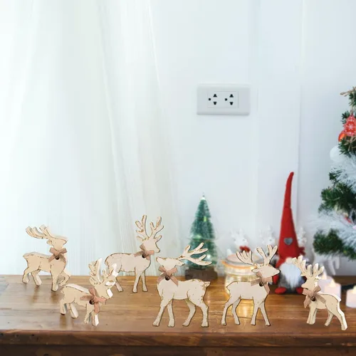 Vista 7 de Tieshankao 6 centros de mesa de madera de reno de Navidad para el hogar, bandeja escalonada de madera de ciervo de invierno para decoración de mesa