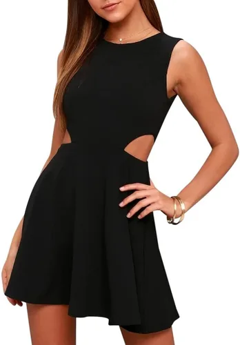 Vista 2 de BELONGSCI - Vestido corto de verano para mujer acampanado sin mangas espalda cruzada aberturas en la cintura estilo dulce y encantador