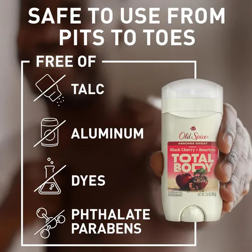 Vista 4 de Old Spice Desodorante en barra de cuerpo entero para hombres, sin aluminio, cereza negra + aroma a borbón, protección contra olores 24/7, frescura