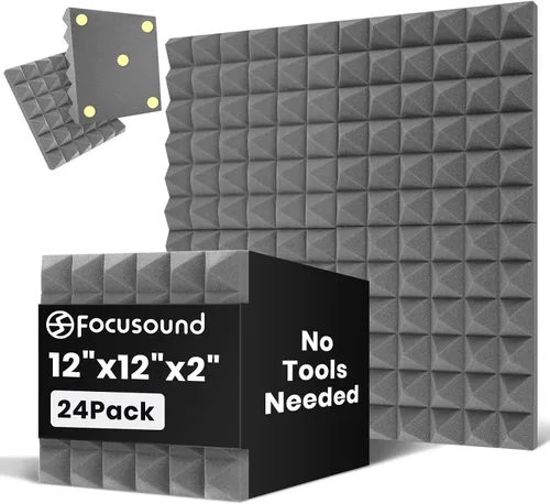 Vista 9 de Paneles acústicos, paquete de 24 unidades de 2 x 12 x 12 pulgadas con 120 adhesivos de doble cara, espuma piramidal a prueba de sonido para paredes