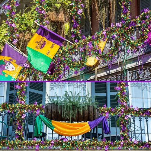 Vista 6 de Yinder Guirnalda de oropel de Mardi Gras de 39 pies con purpurina, verde, morado, dorado, guirnalda colgante metálica, guirnalda metálica