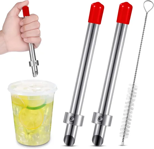 Vista 15 de Lasnten Paquete de 2 perforadores de paja para tapas de plástico, vasos de limonada, herramientas de perforación de acero inoxidable para bebidas