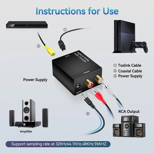 Vista 5 de Adaptador de convertidor de audio estéreo analógico coaxial óptico digital a analógico con cable óptico RCA, adaptador no incluido