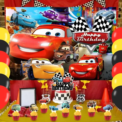 Vista 5 de Suministros de fiesta de automóvil de dibujos animados de 5 x 3 pies, telón de fondo de automóvil Maqueen, pancarta de fiesta de feliz cumpleaños