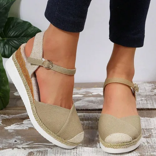 Vista 4 de Sandalias de plataforma ortopédicas con cuña para mujer, verano 2023, elegantes, planas, de punta abierta, con correa al tobillo, estilo alpargata
