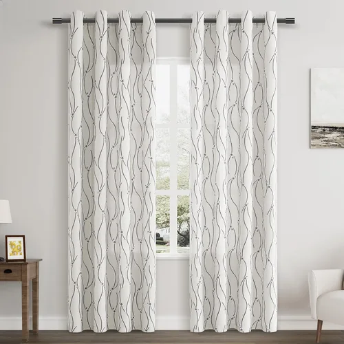 Vista 27 de Joywell Cortinas jacquard con ojales para sala de estar, 108 pulgadas de largo, línea ondulada negra con patrón de puntos, cortinas bordadas