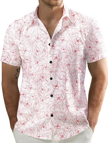 Vista 19 de JOGAL - Camisa hawaiana de Aloha para hombre, manga corta, diseño de flores Negro Blanco Línea