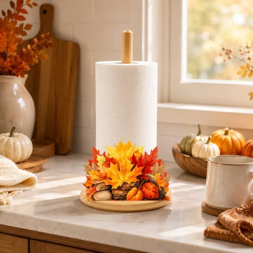 Vista 2 de Portarrollos de Papel de Bambú con Conjunto de 11 Letreros Intercambiables de Días Festivos, Decoración Rústica de Cocina Soporte de Encimera