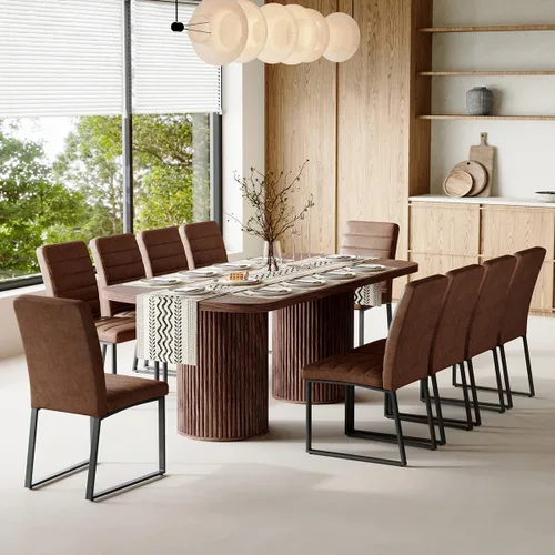 Vista 14 de Mesa de comedor extra larga de 78.7 pulgadas para 6-10 personas, mesa de cocina moderna con bases estriadas, mesa de comedor rectangular de granja