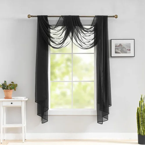 Vista 2 de Luvyohmee Cenefas de bufanda negras para ventanas, cenefa transparente de 144 pulgadas, cenefas transparentes para ventanas, tela para drapear