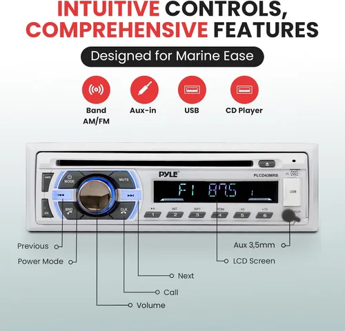 Vista 6 de Pyle Marine - Receptor de audio Bluetooth de 300 W, unidad principal estéreo de un solo DIN para barco, reproductor de CD, transmisión