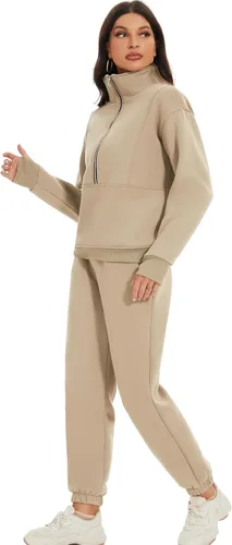 Vista 4 de COZYPOIN Conjunto deportivo de 2 piezas para mujer, sudadera de forro polar con cremallera media y pantalones de chándal de forro polar