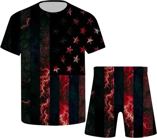 Vista 3 de Conjunto deportivo de verano para hombre, 2 piezas, con diseño de bandera americana, elegante, camiseta para el 4 de julio, pantalones cortos